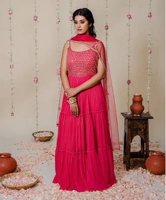 Fuschia Pink Pleated Embroidered Anarkali Set 1