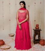 Fuschia Pink Pleated Embroidered Anarkali Set