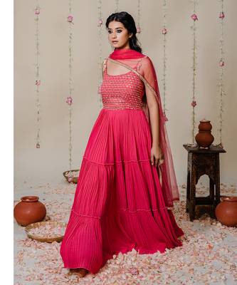 Fuschia Pink Pleated Embroidered Anarkali Set 2