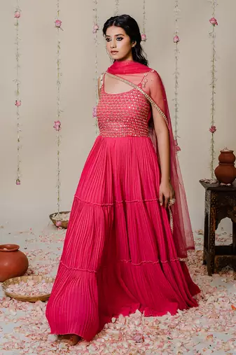Fuschia Pink Pleated Embroidered Anarkali Set