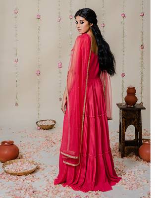 Fuschia Pink Pleated Embroidered Anarkali Set 3