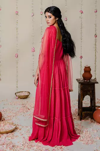 Fuschia Pink Pleated Embroidered Anarkali Set