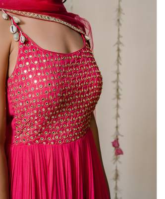 Fuschia Pink Pleated Embroidered Anarkali Set 4