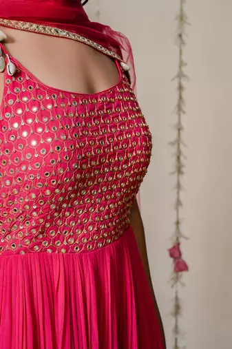 Fuschia Pink Pleated Embroidered Anarkali Set