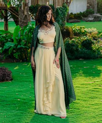 Forest Green Embroidered Drape Skirt Set 2
