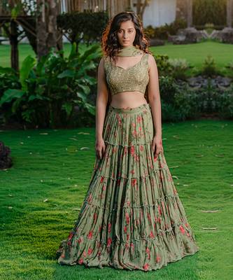 Pista Green Printed & Embroidered Lehenga Set 1