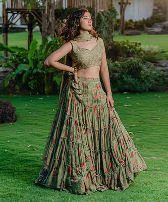 Pista Green Printed & Embroidered Lehenga Set 2