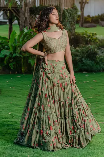 Pista Green Printed & Embroidered Lehenga Set
