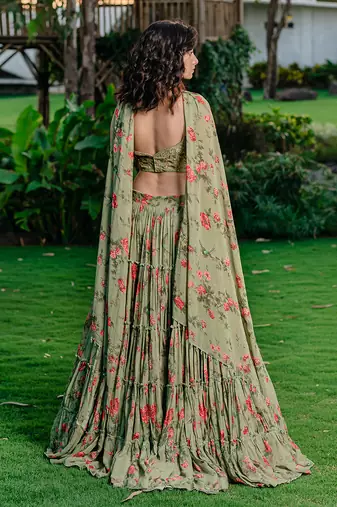 Pista Green Printed & Embroidered Lehenga Set