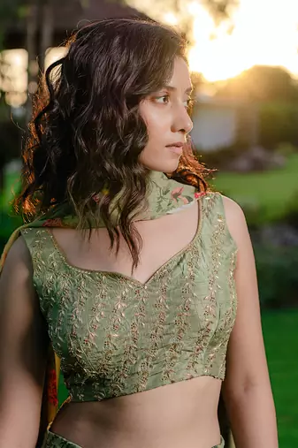 Pista Green Printed & Embroidered Lehenga Set