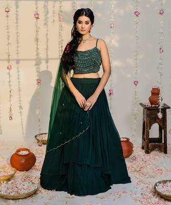 Bottle Green Embroidered Lehenga Set 1