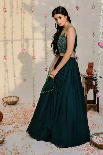 Bottle Green Embroidered Lehenga Set