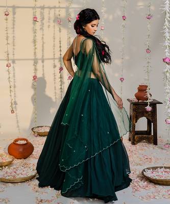 Bottle Green Embroidered Lehenga Set 3