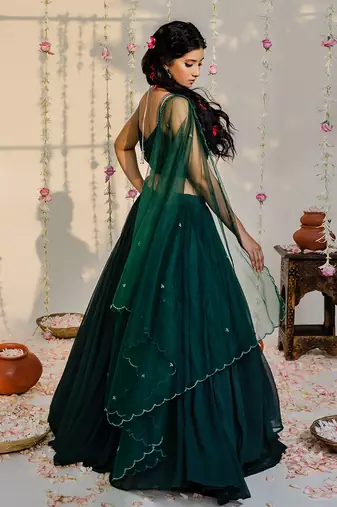 Bottle Green Embroidered Lehenga Set