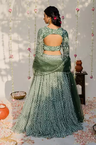 Olive Green Embroidered Lehenga Set