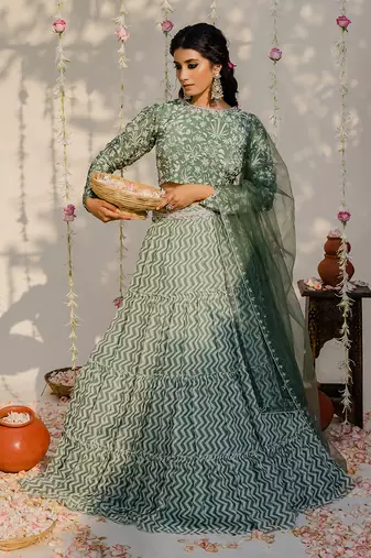Olive Green Embroidered Lehenga Set