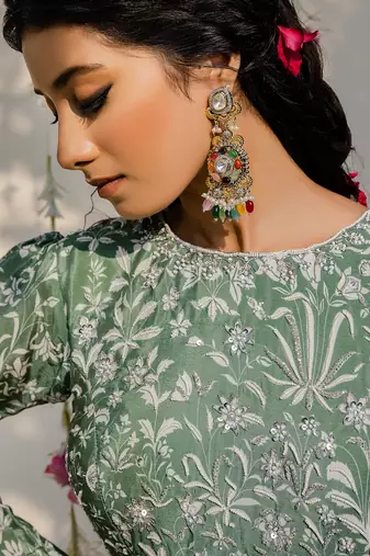 Olive Green Embroidered Lehenga Set