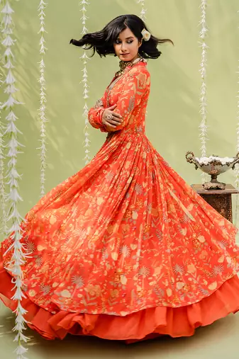 Rust Orange Embroidered Lehenga Set