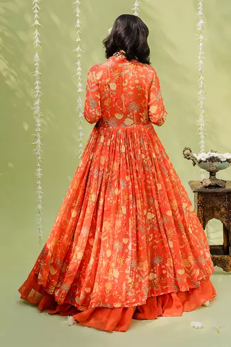 Rust Orange Embroidered Lehenga Set
