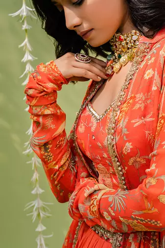 Rust Orange Embroidered Lehenga Set