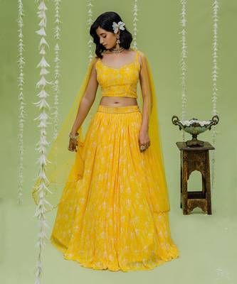 Sunny Yellow Printed Embroidered Lehenga Set 1
