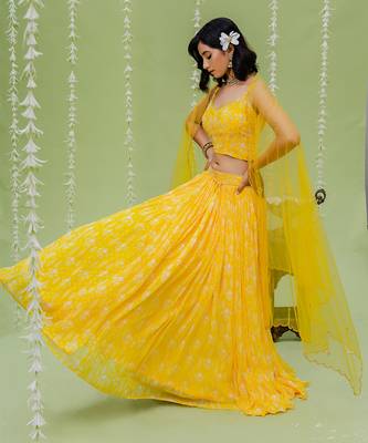 Sunny Yellow Printed Embroidered Lehenga Set 2