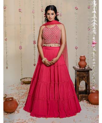 Fuschia Pink Pleated Embroidered Lehenga Set 1
