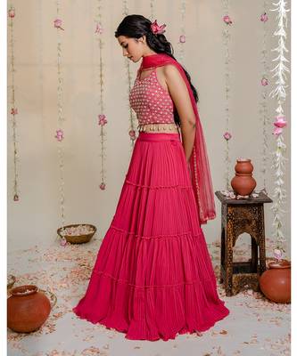 Fuschia Pink Pleated Embroidered Lehenga Set 2