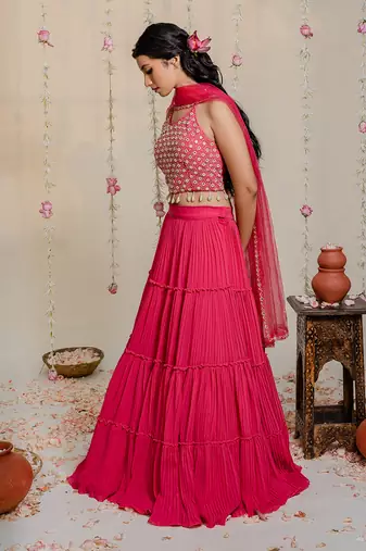 Fuschia Pink Pleated Embroidered Lehenga Set