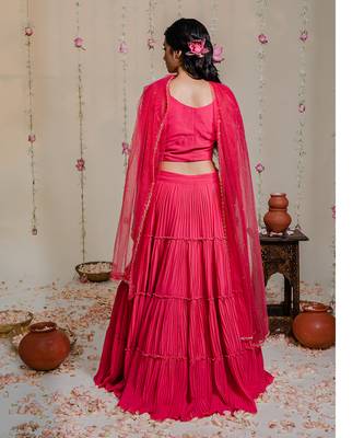 Fuschia Pink Pleated Embroidered Lehenga Set 3