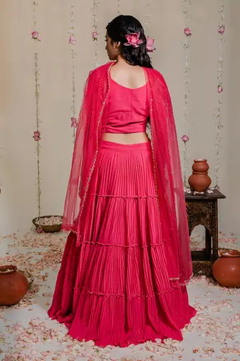 Fuschia Pink Pleated Embroidered Lehenga Set