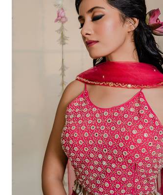 Fuschia Pink Pleated Embroidered Lehenga Set 4
