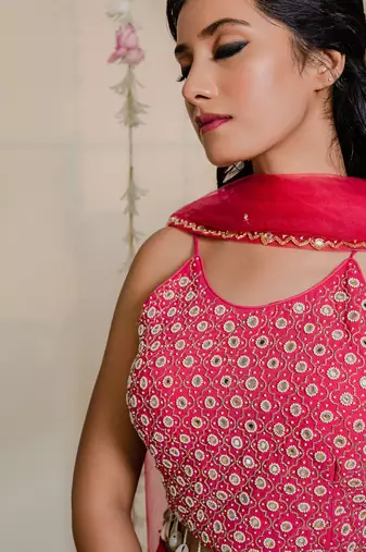 Fuschia Pink Pleated Embroidered Lehenga Set