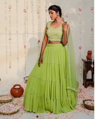 Green Pleated Embroidered Lehenga Set 1