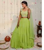 Green Pleated Embroidered Lehenga Set