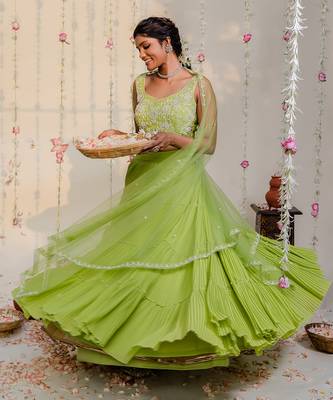 Green Pleated Embroidered Lehenga Set 2