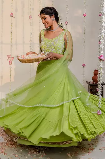 Green Pleated Embroidered Lehenga Set