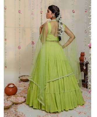 Green Pleated Embroidered Lehenga Set 3