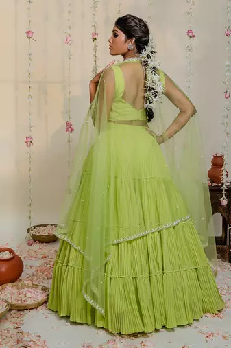 Green Pleated Embroidered Lehenga Set
