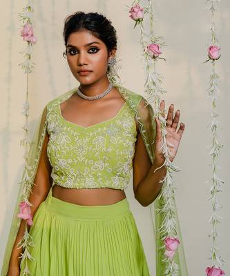 Green Pleated Embroidered Lehenga Set 4