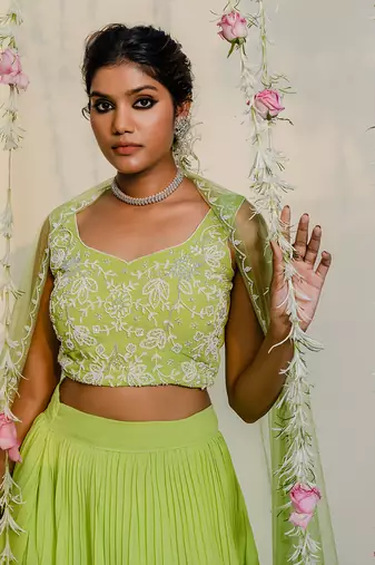 Green Pleated Embroidered Lehenga Set