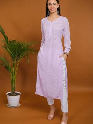 Lemon yellow chikankari viscose georgette kurti 1