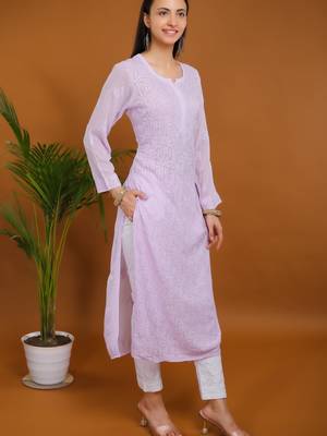 Lemon yellow chikankari viscose georgette kurti 3