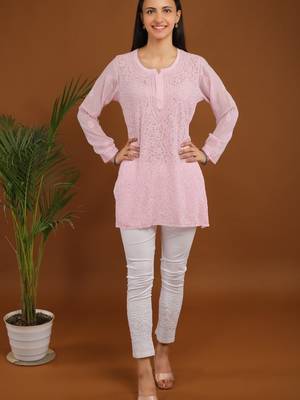 Baby pink chikankari viscose georgette short kurti 1