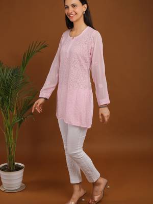 Baby pink chikankari viscose georgette short kurti 2