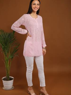 Baby pink chikankari viscose georgette short kurti 3