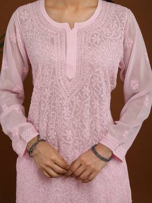 Baby pink chikankari viscose georgette short kurti 4