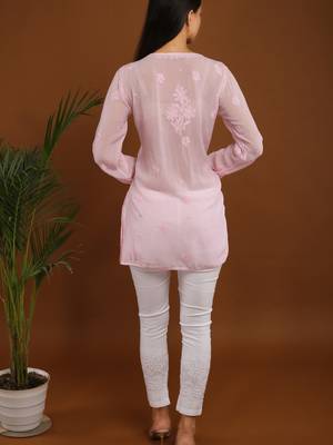 Baby pink chikankari viscose georgette short kurti 5