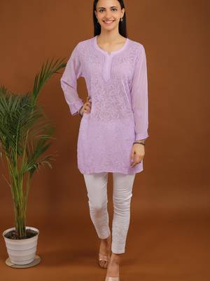 Lavender chikankari viscose georgette short kurti 1