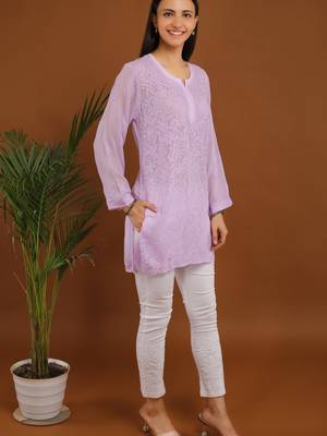 Lavender chikankari viscose georgette short kurti 3
